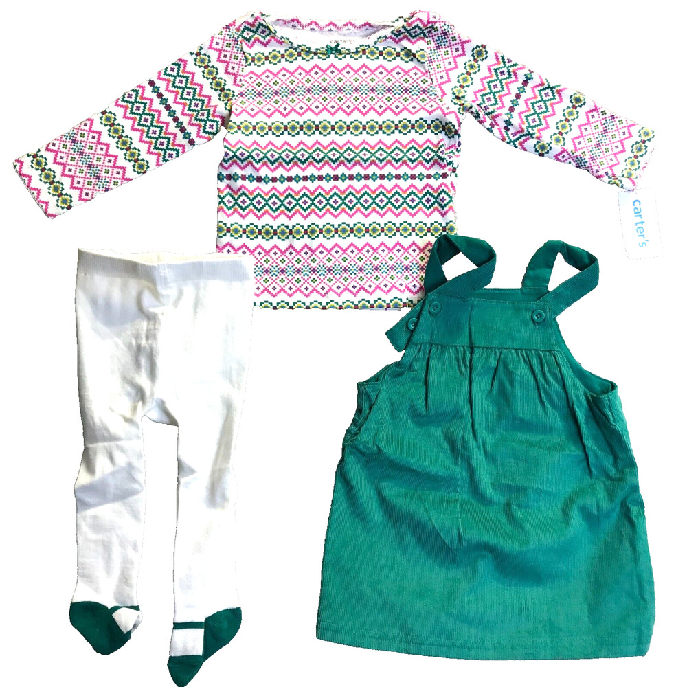 Carters Baby Girls' 3-Pc. Dress Leggings Top Green Pink stripes 18M NWT